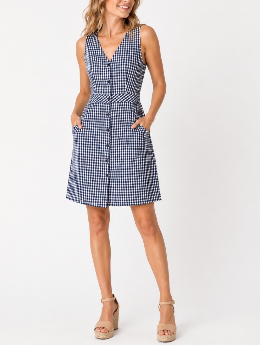 J.Crew Navy White Gingham Button Front Sleeveless Dress Hip Pockets Size 8